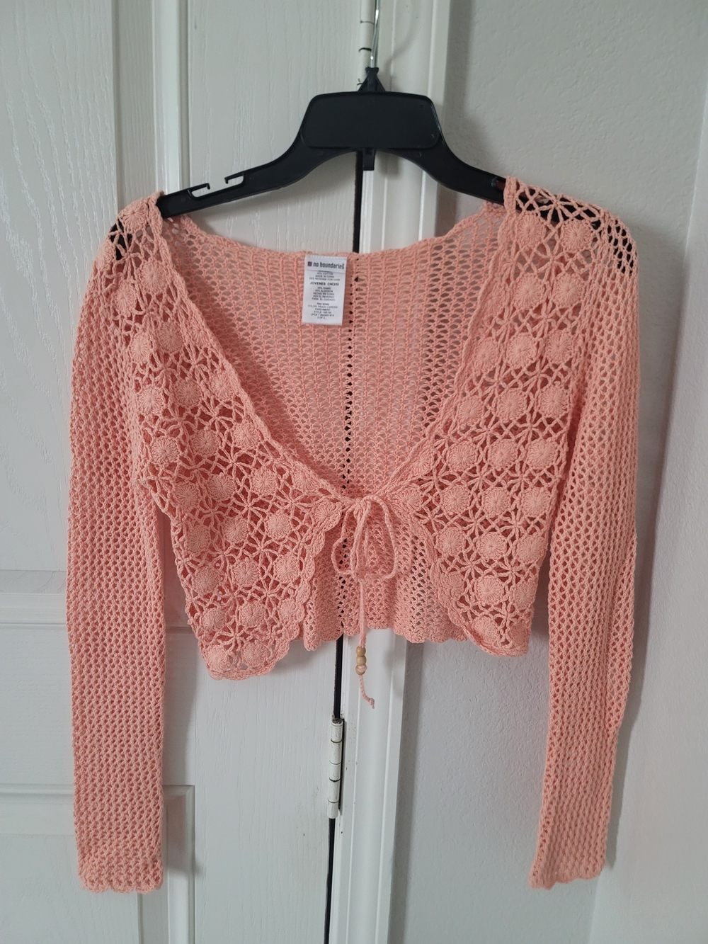 No Boundaries Peach Crochet Tie-Front Cropped Cardigan